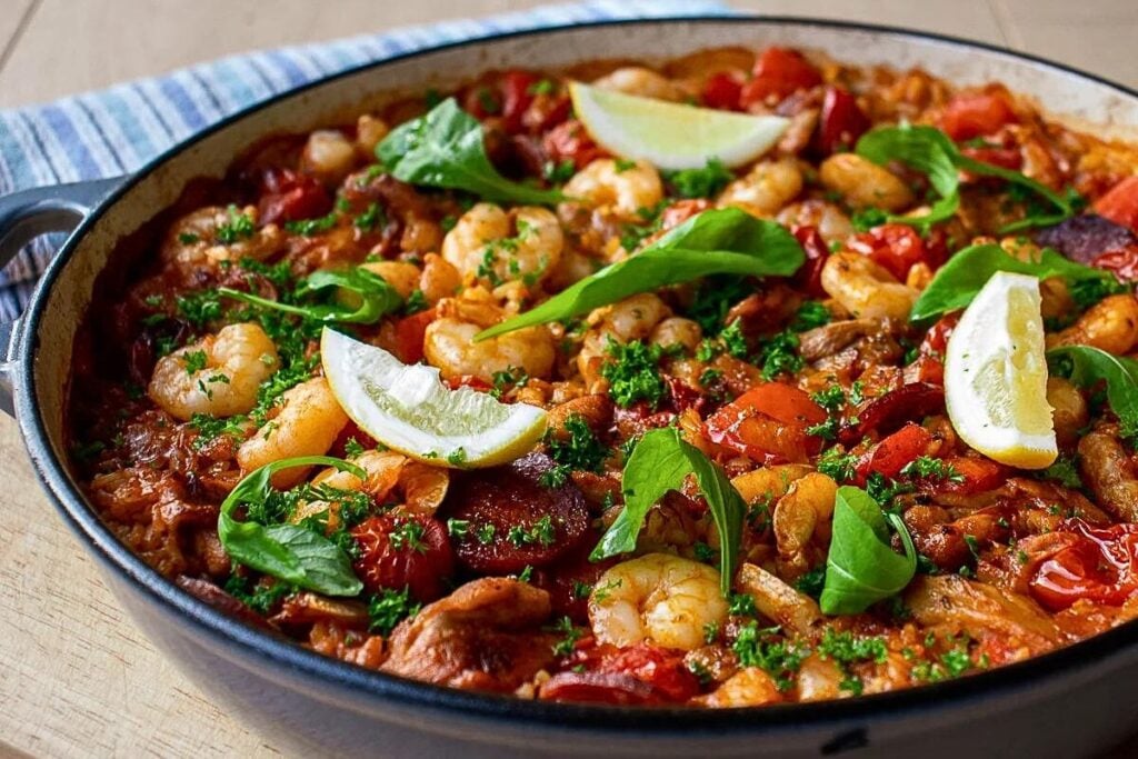 A skillet of prawns, chorizo and chicken with sauce.