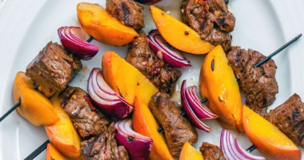 Peach and chipotle steak kebobs.