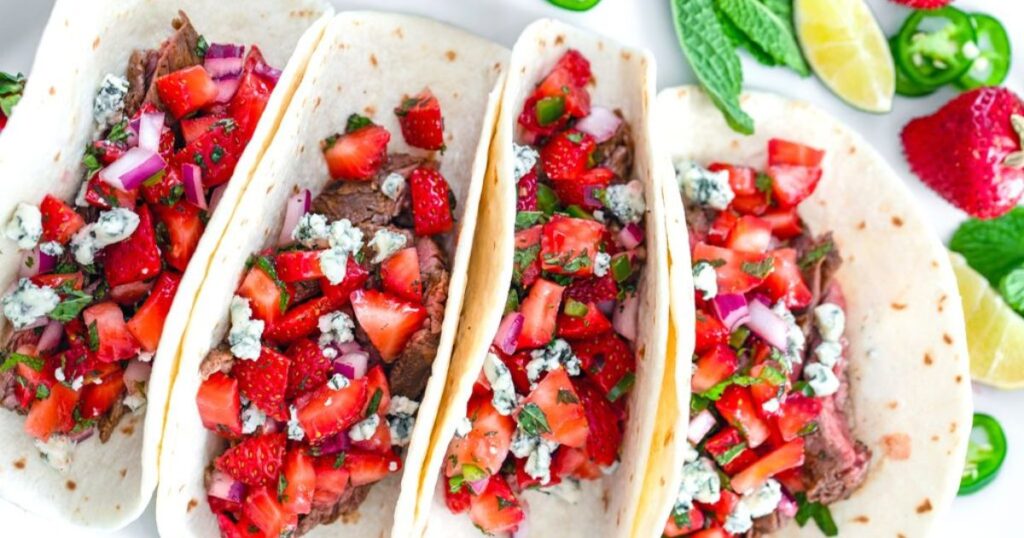 Steak tacos with strawberry salsa.