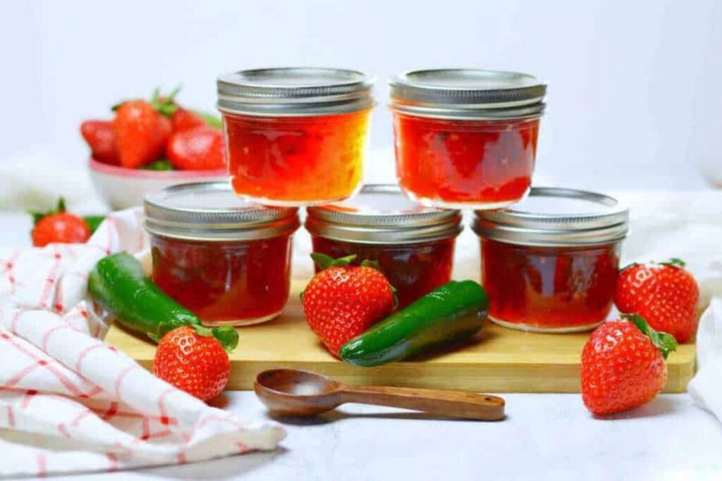 Jars of strawberry and jalapeno jelly.