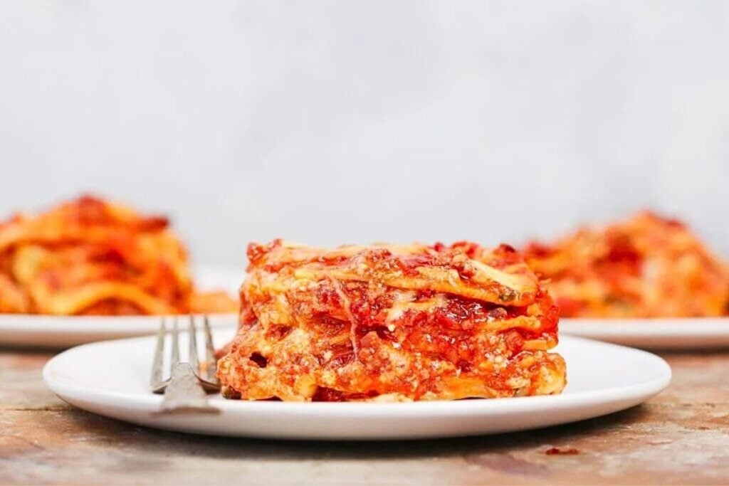 A slice of cheesy lasagna.