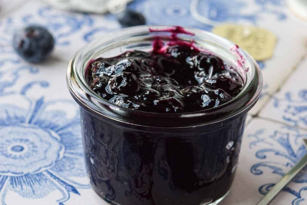 A jar of earl grey blueberry jam.