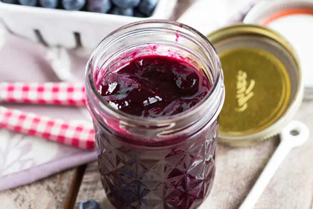 Blueberry lavender jam in a jar.