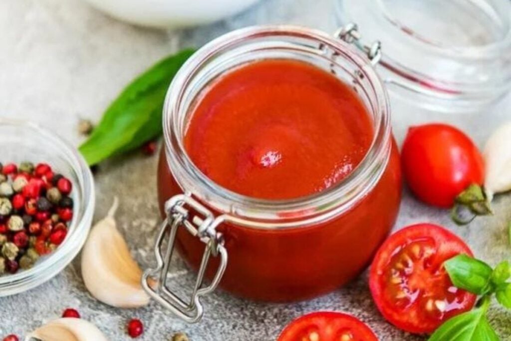 A small jar of homemade ketchup with tomatoes around.