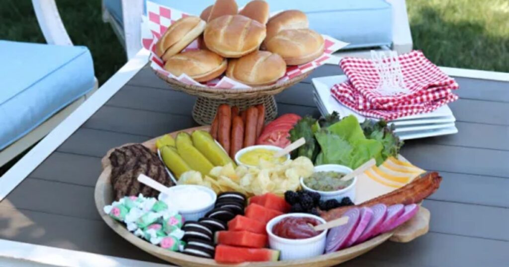 A platter of cook out foods for a party.