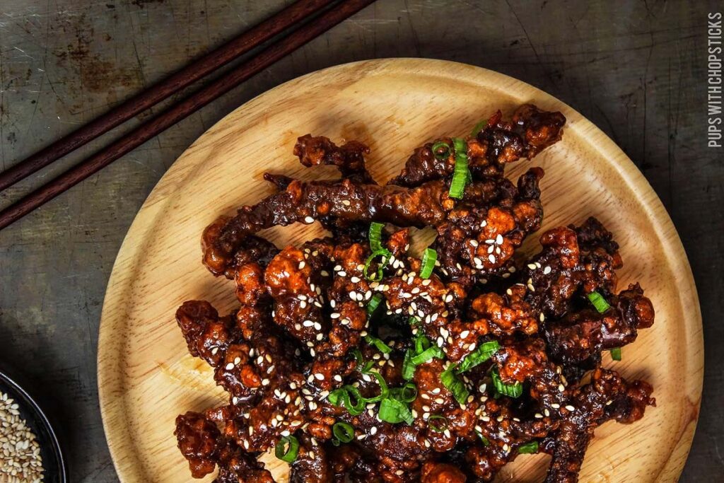 Crispy beef on a plate.