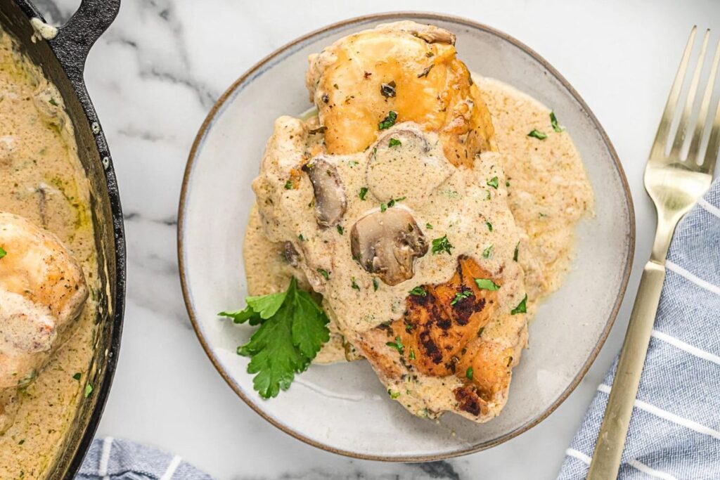 Chicken breasts stuffed with cheese, mushrooms and garlic butter.