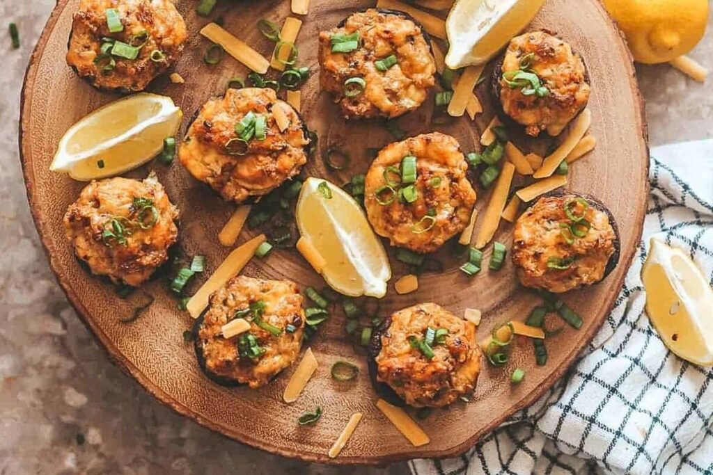 Crab stuffed mushrooms with cheese and old bay seasoning.