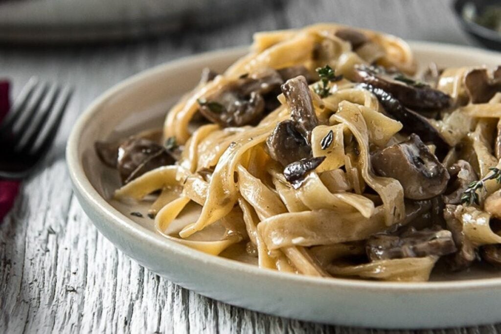 A plate of brown butter mushroom pasta.
