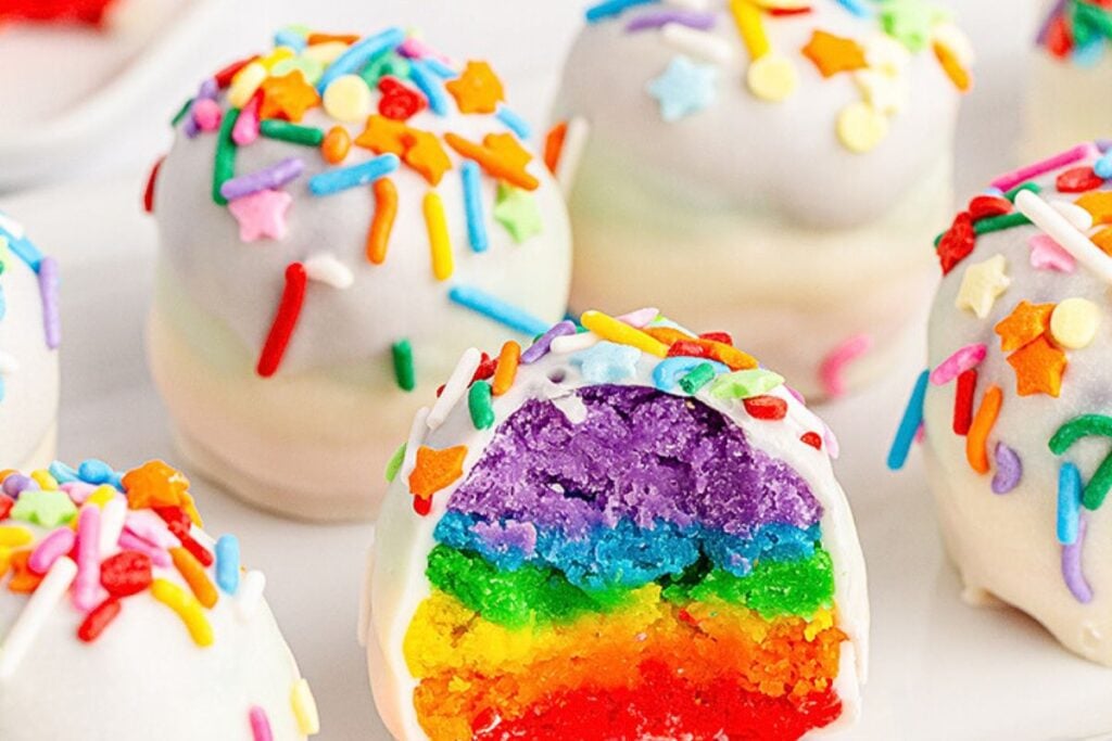 Cake balls made of the colors of the rainbow.