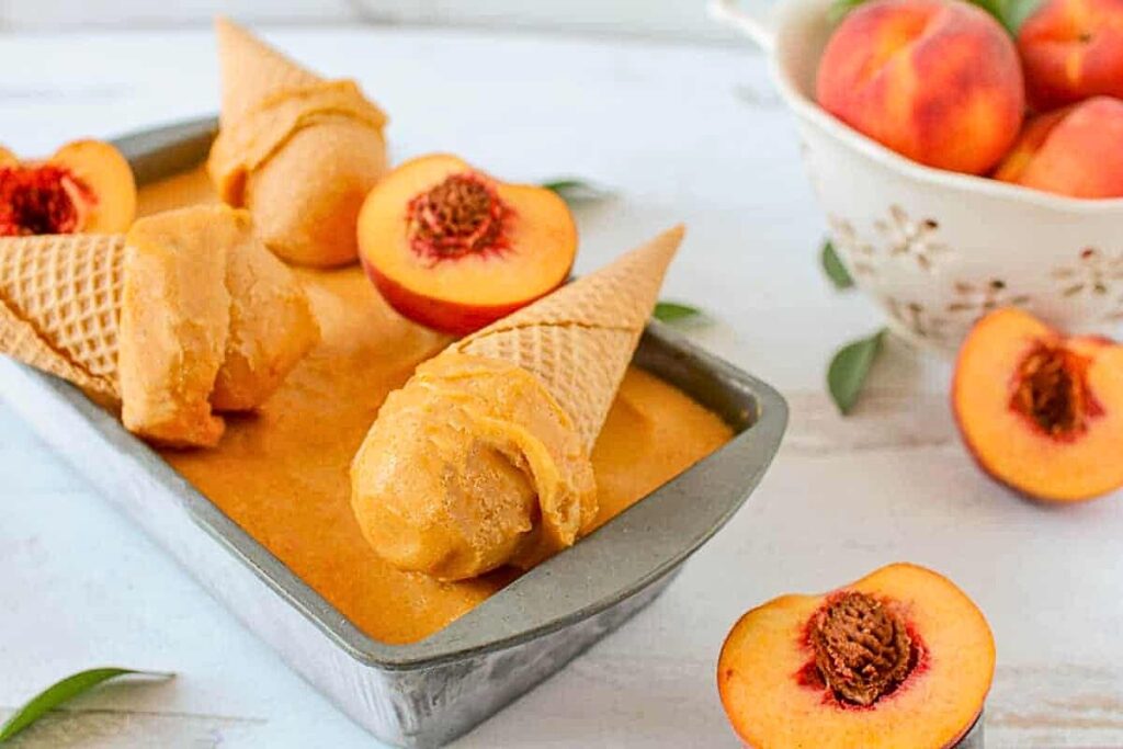 A pan of roasted and smoked peach sorbet.