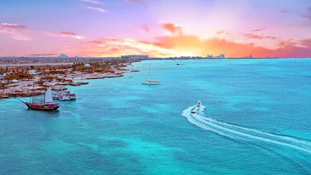 Aerial from Aruba island in the Caribbean Sea at sunset.