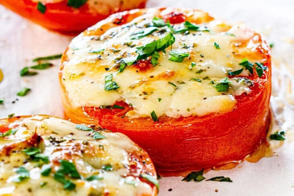 Slices of tomato topped with cheese and baked.