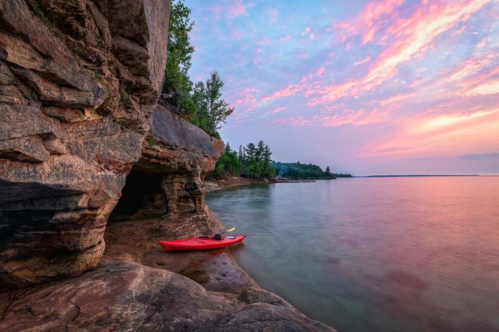 Kayaking Lake Superior Caves near Munising, Michigan.