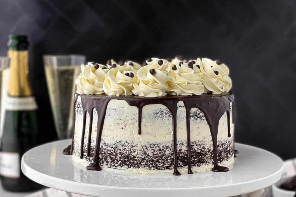 Chocolate champagne cake with buttercream frosting.