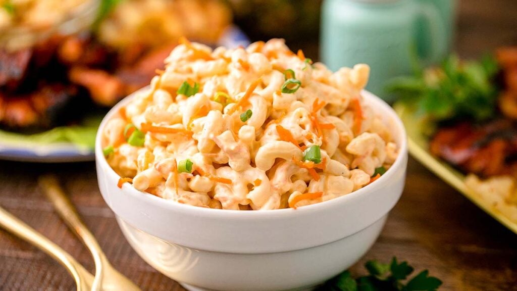 A bowl full of homemade Hawaiian macaroni salad.