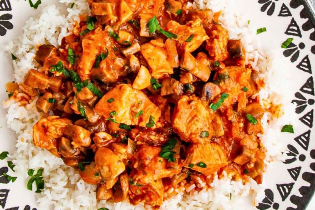 Musroom chicken paprikash served over rice.