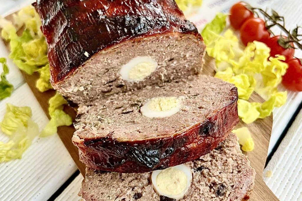 Smoked meatloaf with hardboiled quail eggs inside.