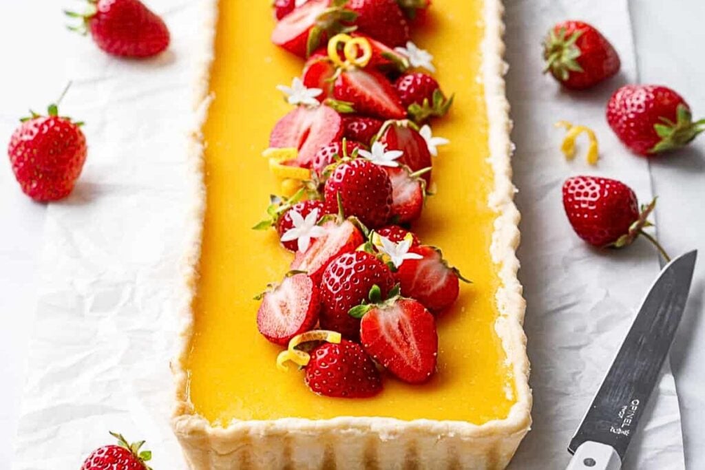 A lemon tart topped with fresh strawberries.