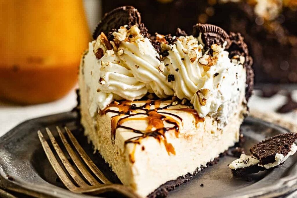 Turtle pie on a plate with a fork.