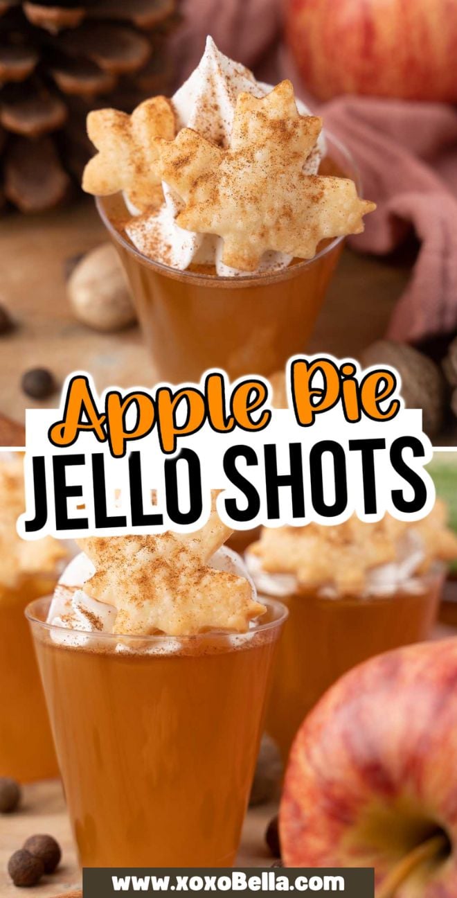 Apple pie Jello shots topped with whipped cream and a pastry leaf, surrounded by apples and spices, capture the classic apple pie flavor in every fun bite.