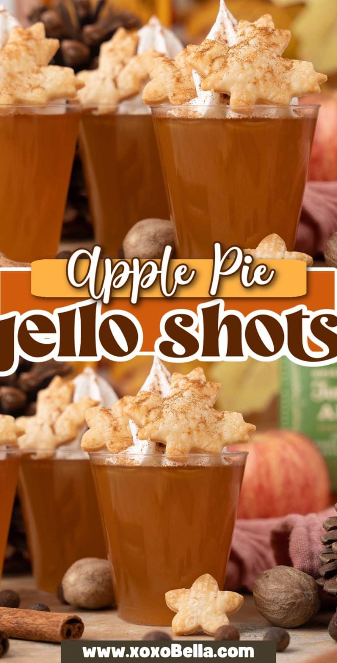 Apple pie Jello shots topped with star-shaped pastry and whipped cream, surrounded by apples and spices, bring a festive twist to classic apple pie flavors.