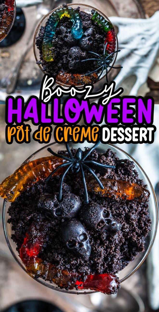 Boozy Halloween Pot de Creme Dessert: Chocolate pudding topped with cookie crumbs, gummy worms, and candy skulls for a spooktacular Halloween dessert.