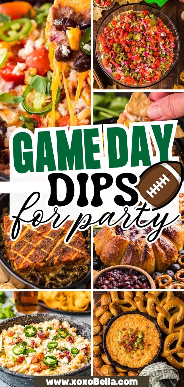 Collage of colorful, cheesy dips with chips and veggies, alongside a football graphic.