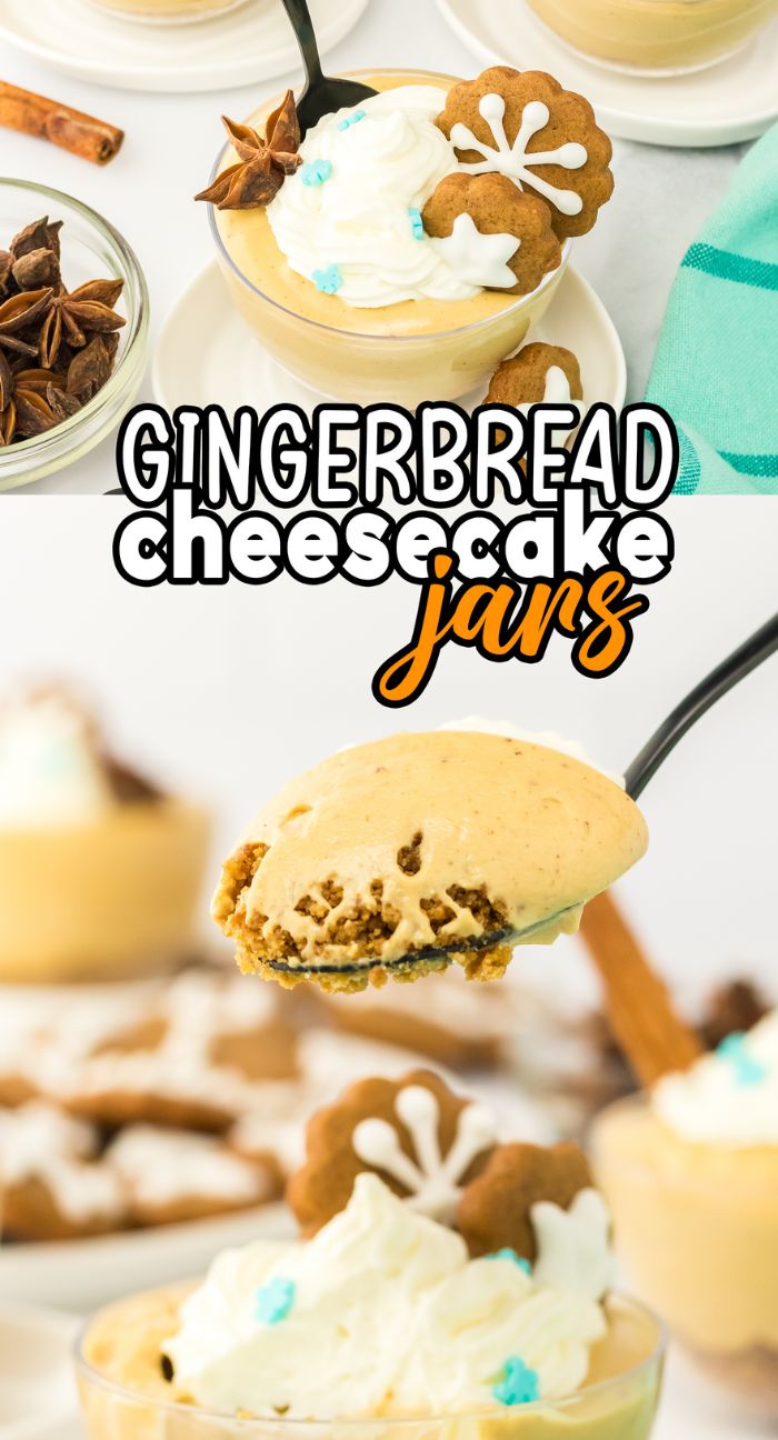 Gingerbread cheesecake jars topped with whipped cream and a cookie, shown whole and with a spoonful removed for a tempting look at the creamy layers.