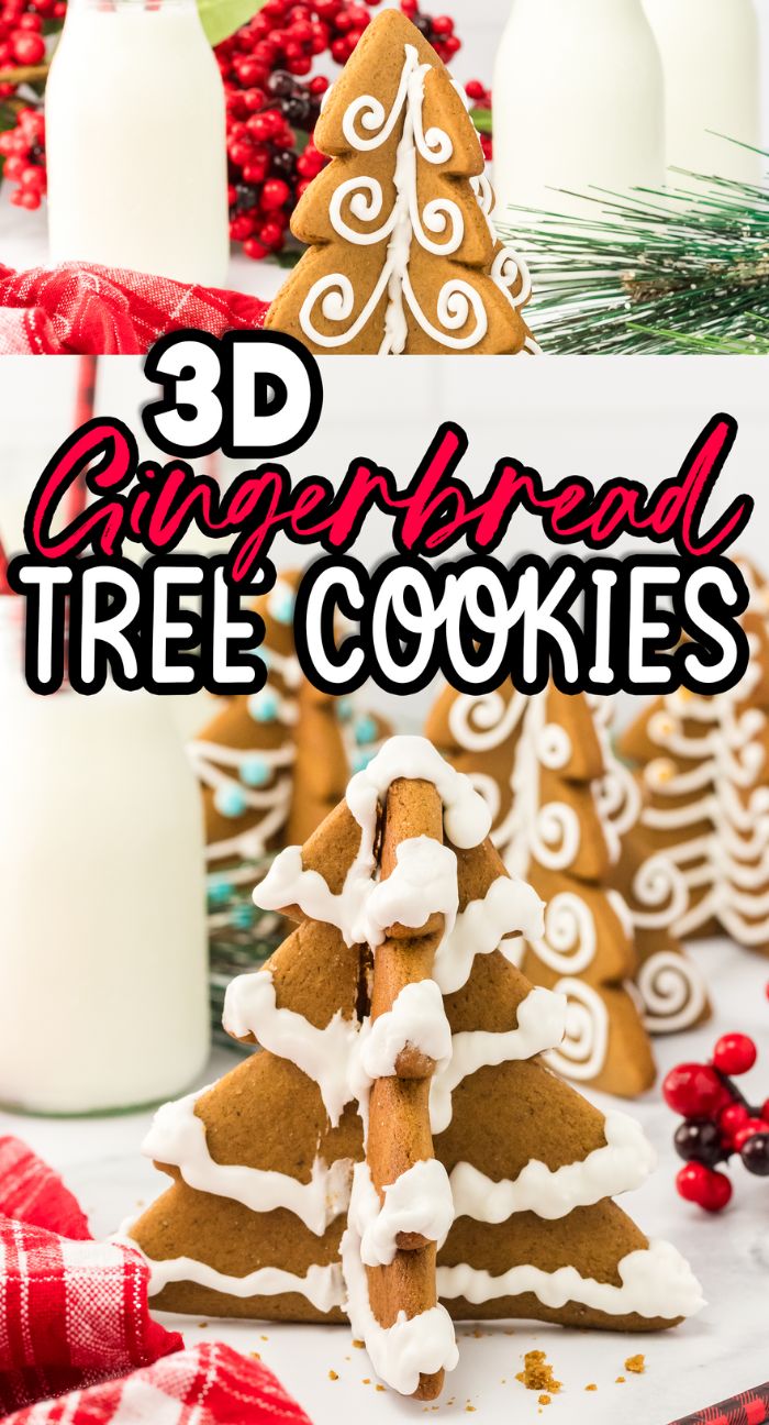 3D Gingerbread Tree Cookies decorated with white icing are surrounded by milk bottles and festive decor, creating a charming holiday scene.