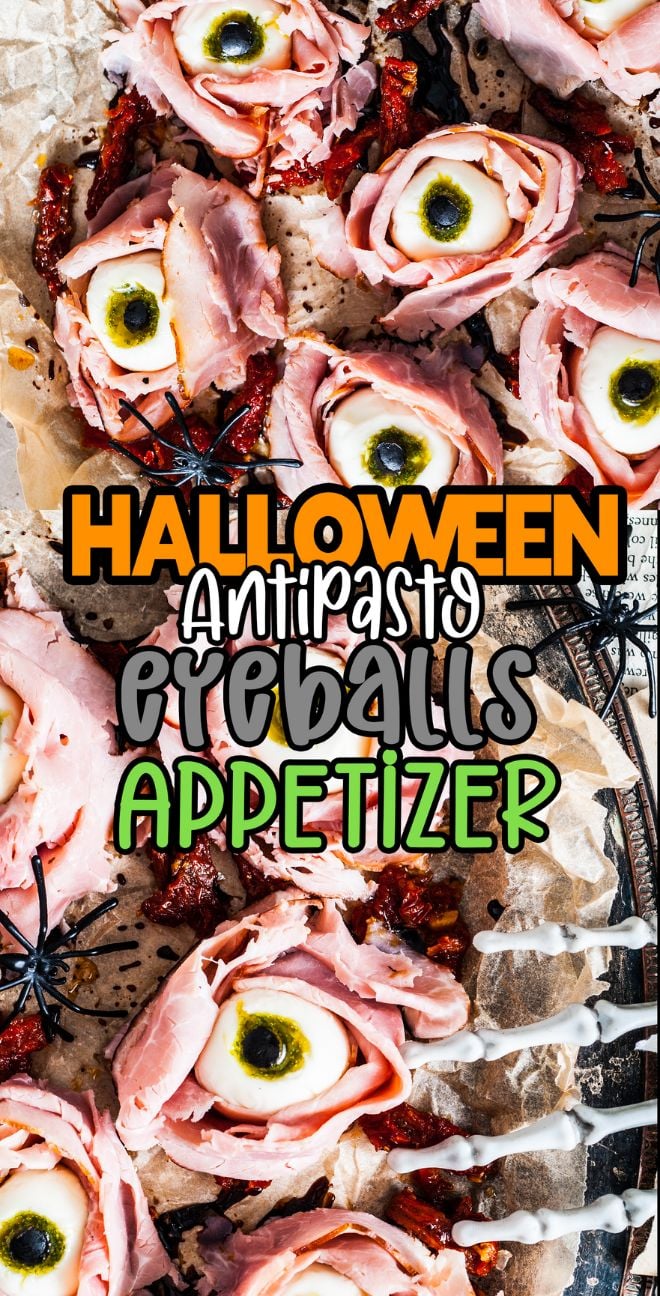 Slices of ham shaped as eyeballs with olives and cheese make a spooky Halloween Antipasto Eyeballs Appetizer, perfect for your festive party spread.