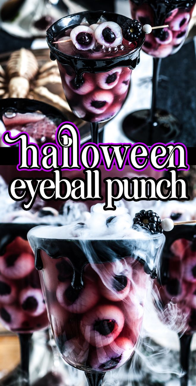 A glass of eerie Halloween eyeball punch featuring floating eyeball candies and swirling smoke, labeled "Halloween eyeball punch.