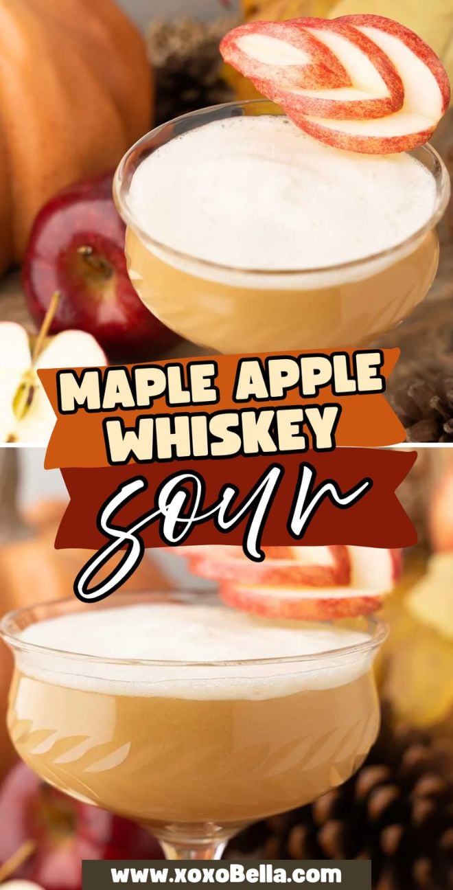 A Maple Apple Whiskey Sour cocktail garnished with an apple fan, with pumpkins and apples in the background, sets the perfect autumn scene.