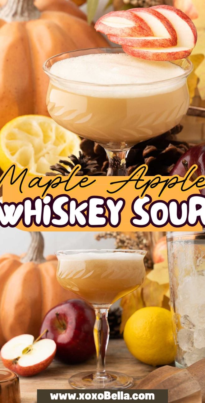Cocktail glass with Maple Apple Whiskey Sour, sliced apple garnish, pumpkins, lemon, and apple in background.