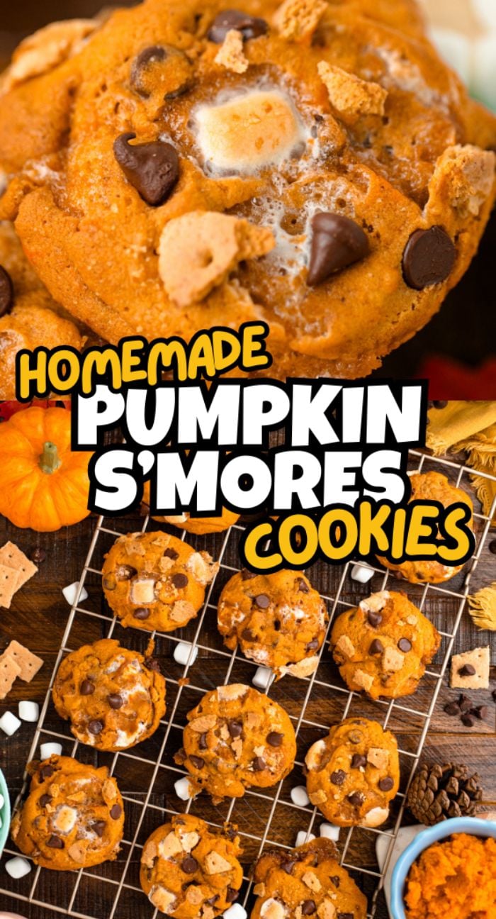 A cooling rack of pumpkin s'mores cookies loaded with chocolate chips, gooey marshmallows, and crunchy cookie pieces.