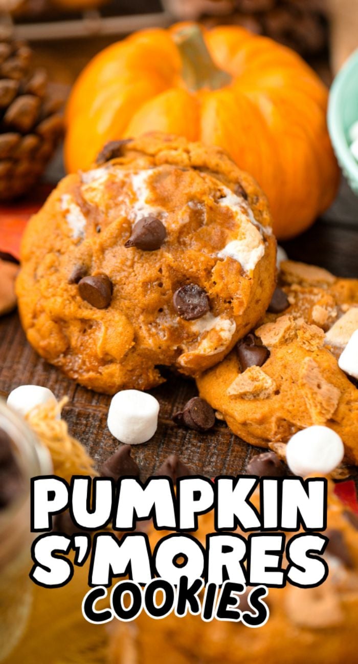 Pumpkin s'mores cookies with chocolate chips and marshmallows, displayed next to a small pumpkin, capture the cozy flavors of fall in every bite.
