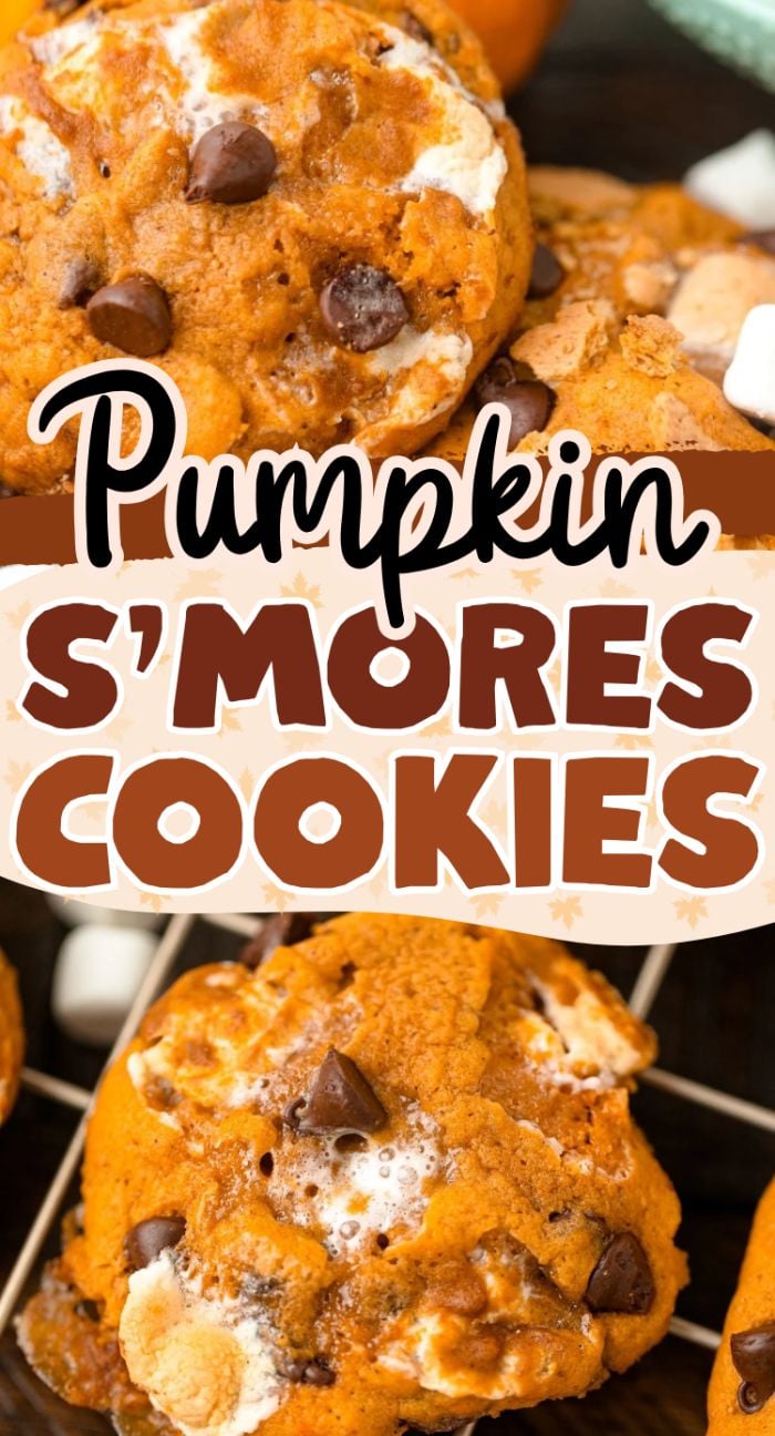 Close-up of pumpkin s'mores cookies packed with gooey chocolate chips and marshmallows, text overlay reads "Pumpkin S'mores Cookies.