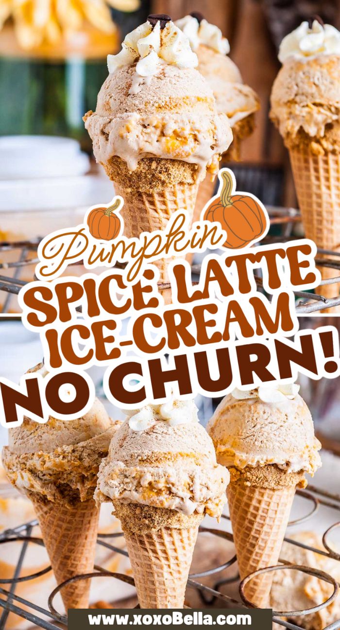 No churn pumpkin spice latte ice cream in cones, topped with whipped cream, displayed on a metal rack.