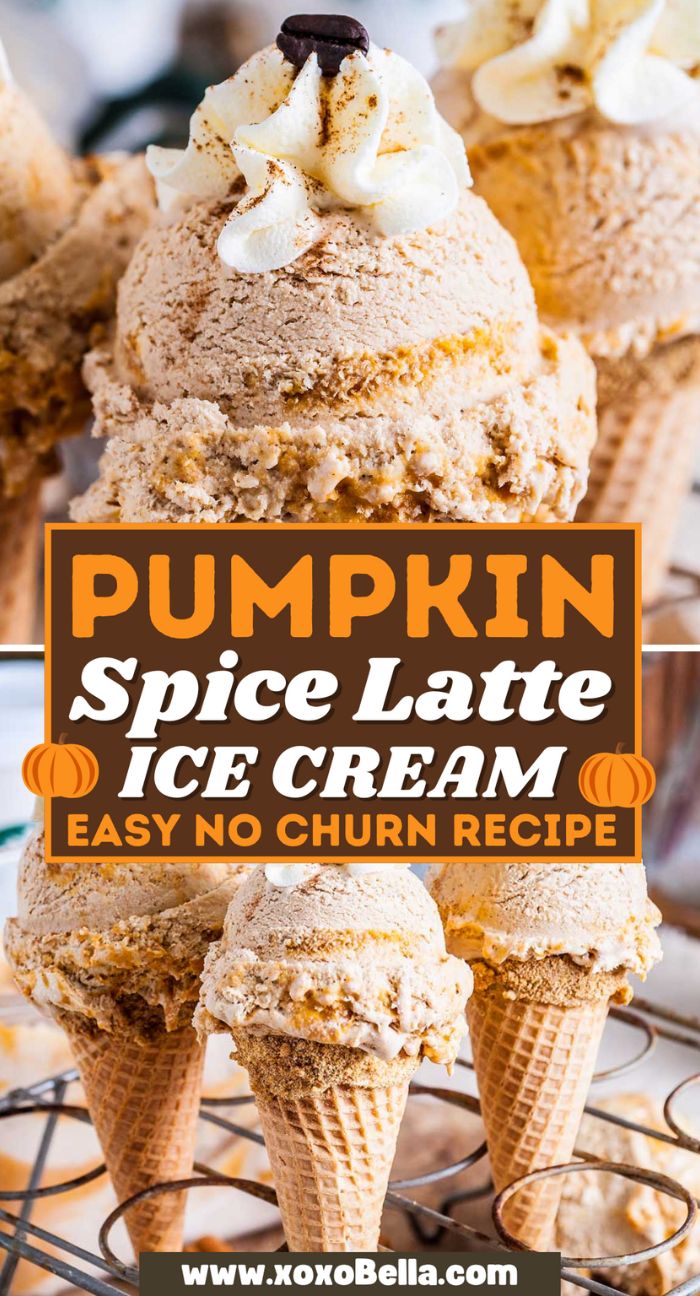 Three waffle cones with scoops of no churn pumpkin spice latte ice cream, topped with whipped cream, on a wire rack.