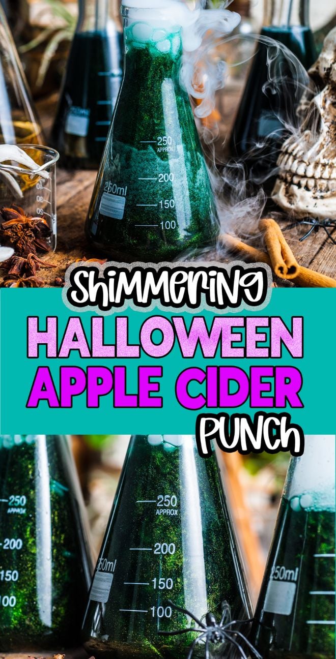 Shimmering Halloween apple cider punch glows in science beakers, swirling with smoke and surrounded by spooky decorations.