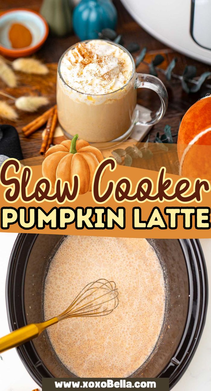 A slow cooker pumpkin spice latte in a mug, topped with whipped cream, sits beside the slow cooker where more of the cozy drink is being prepared.
