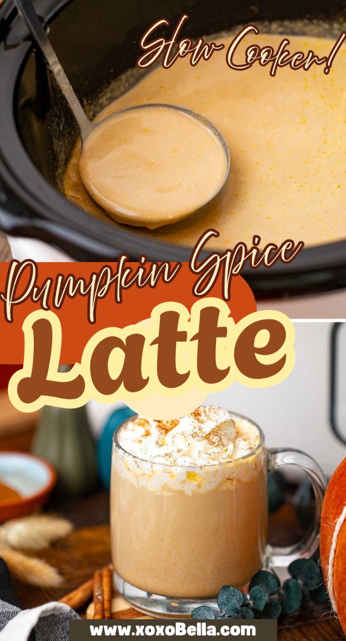 A slow cooker pumpkin spice latte with a ladle hovers above a glass mug of latte topped with whipped cream.