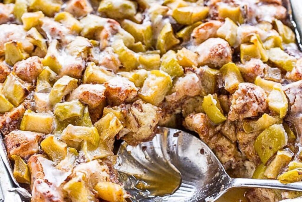 A casserole of cinnamon rolls and caramel apples.