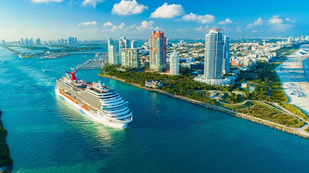 Cruise ship (Carnival Magic) entrance to Atlantic Ocean, from Miami port.