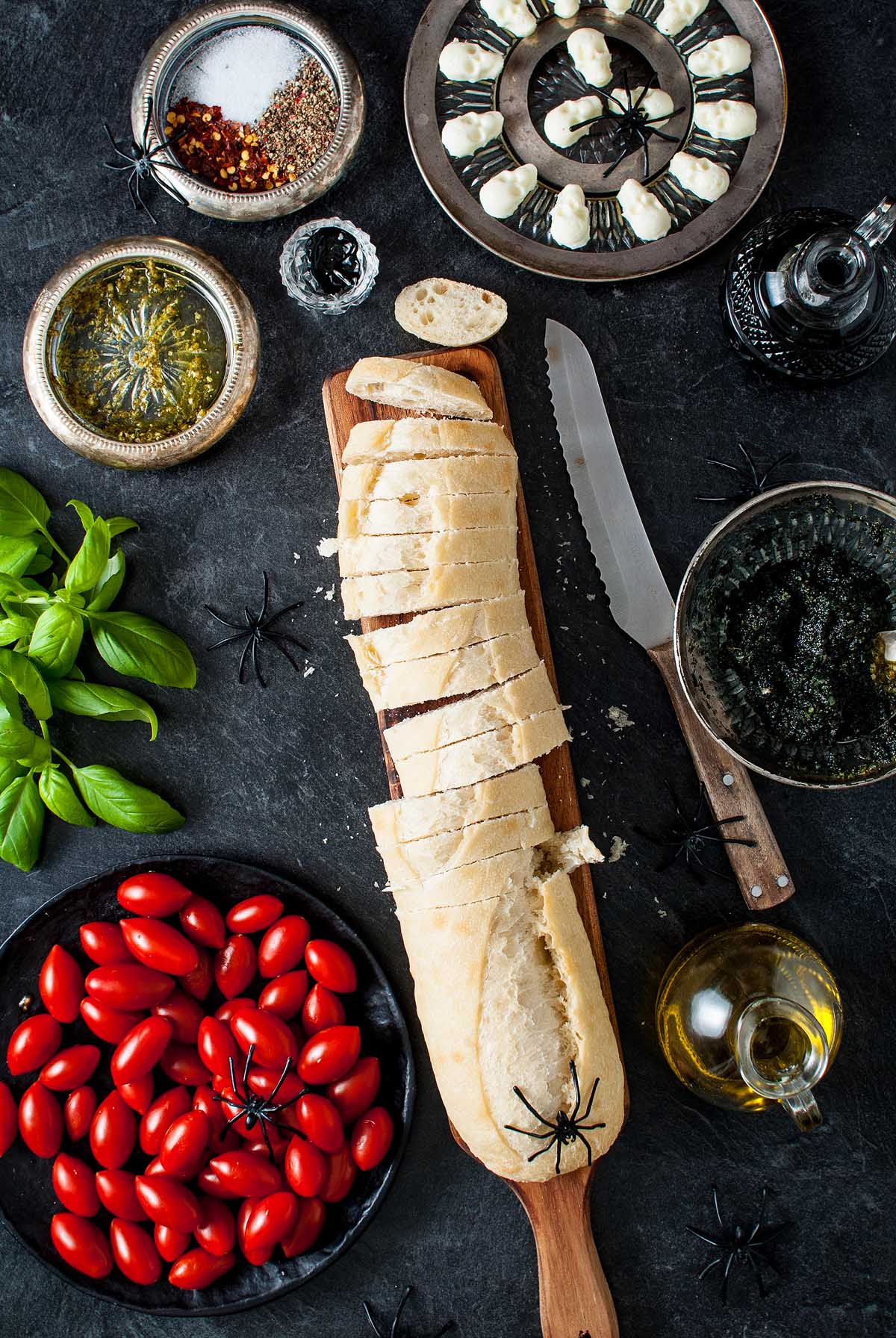 Ingredients to make a Halloween bruschetta recipe.