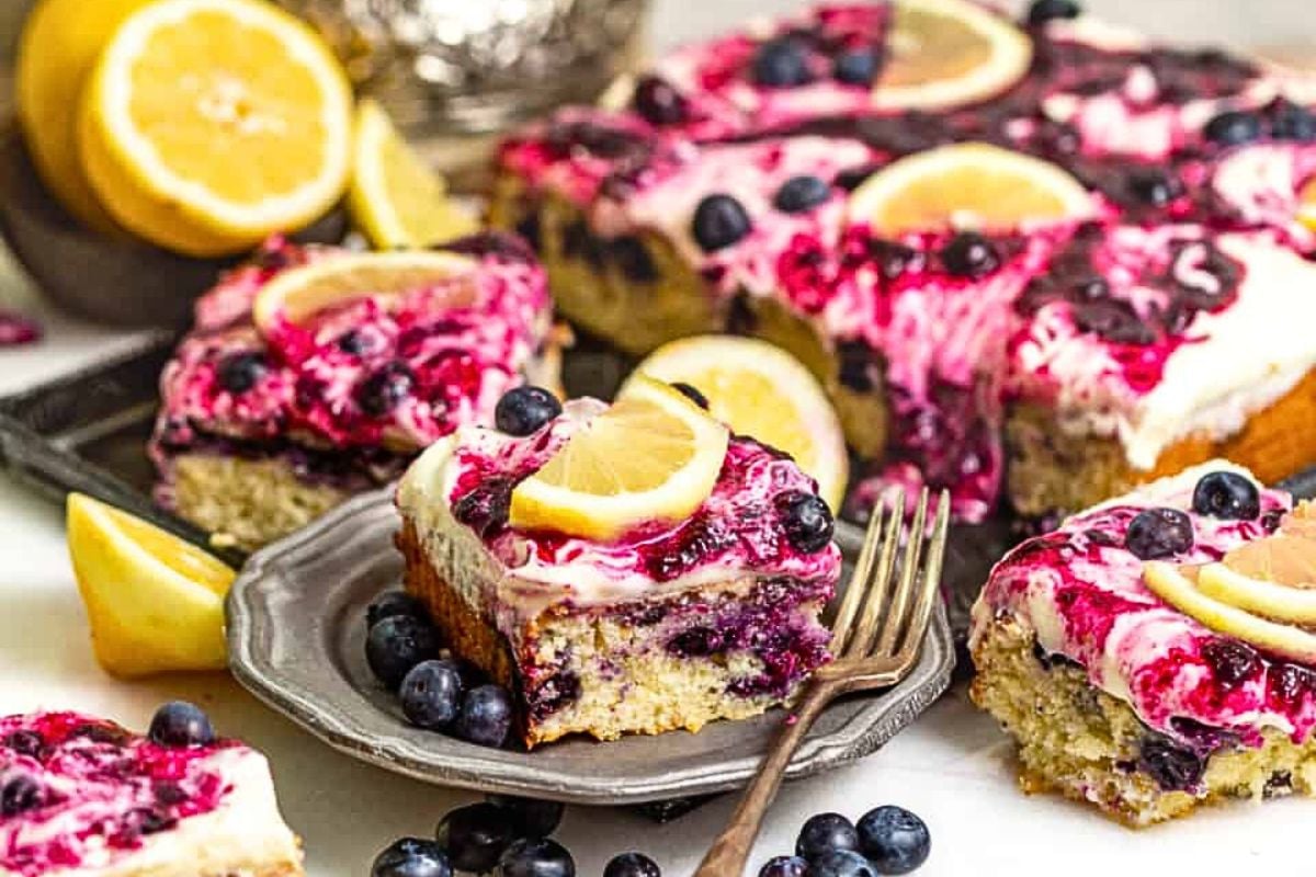 A sheet cake with swirls of blueberry for color and flavor.