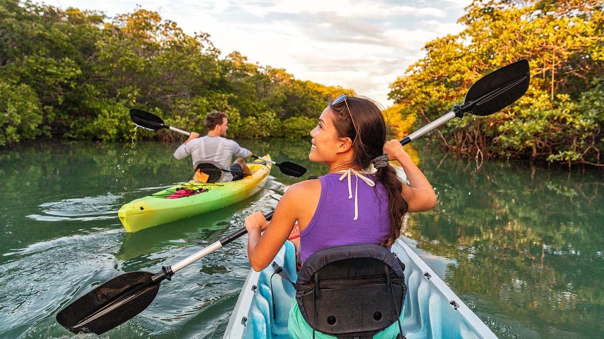 Couple kayaking together in a Florida lake.