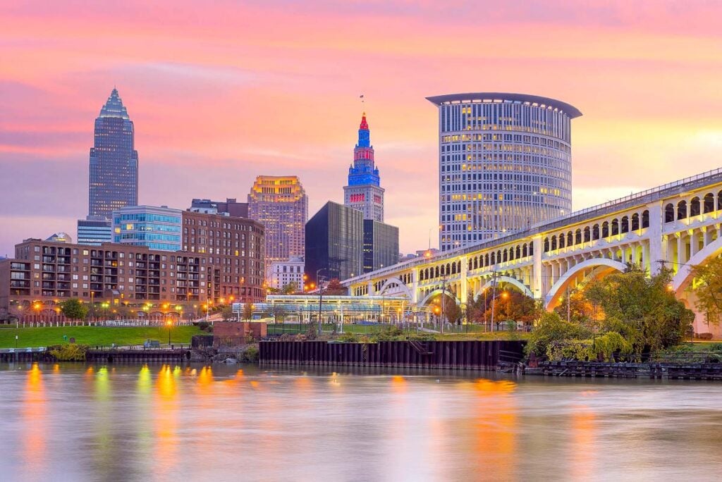 View of downtown Cleveland skyline in Ohio USA at twilight.