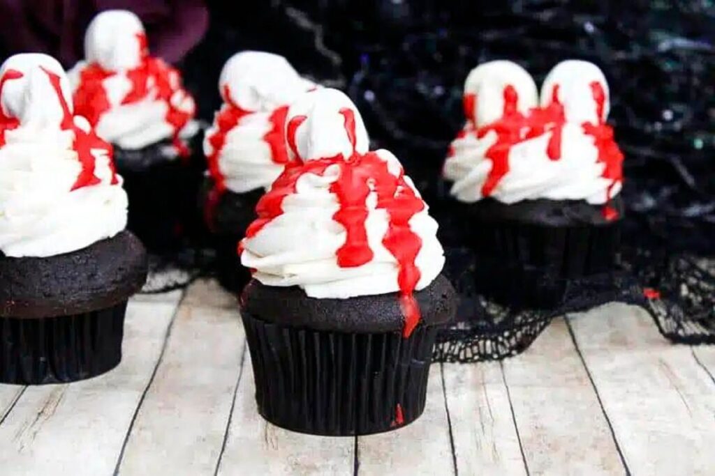 Cupcakes with a bloody effect.