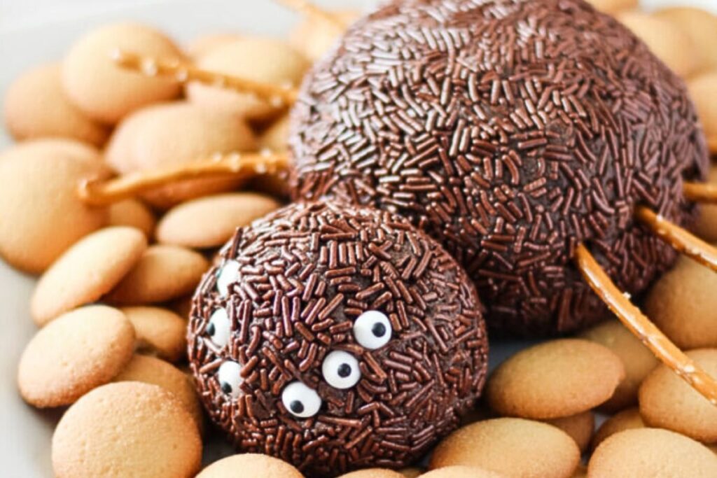 A spider shaped dessert cheese ball. 